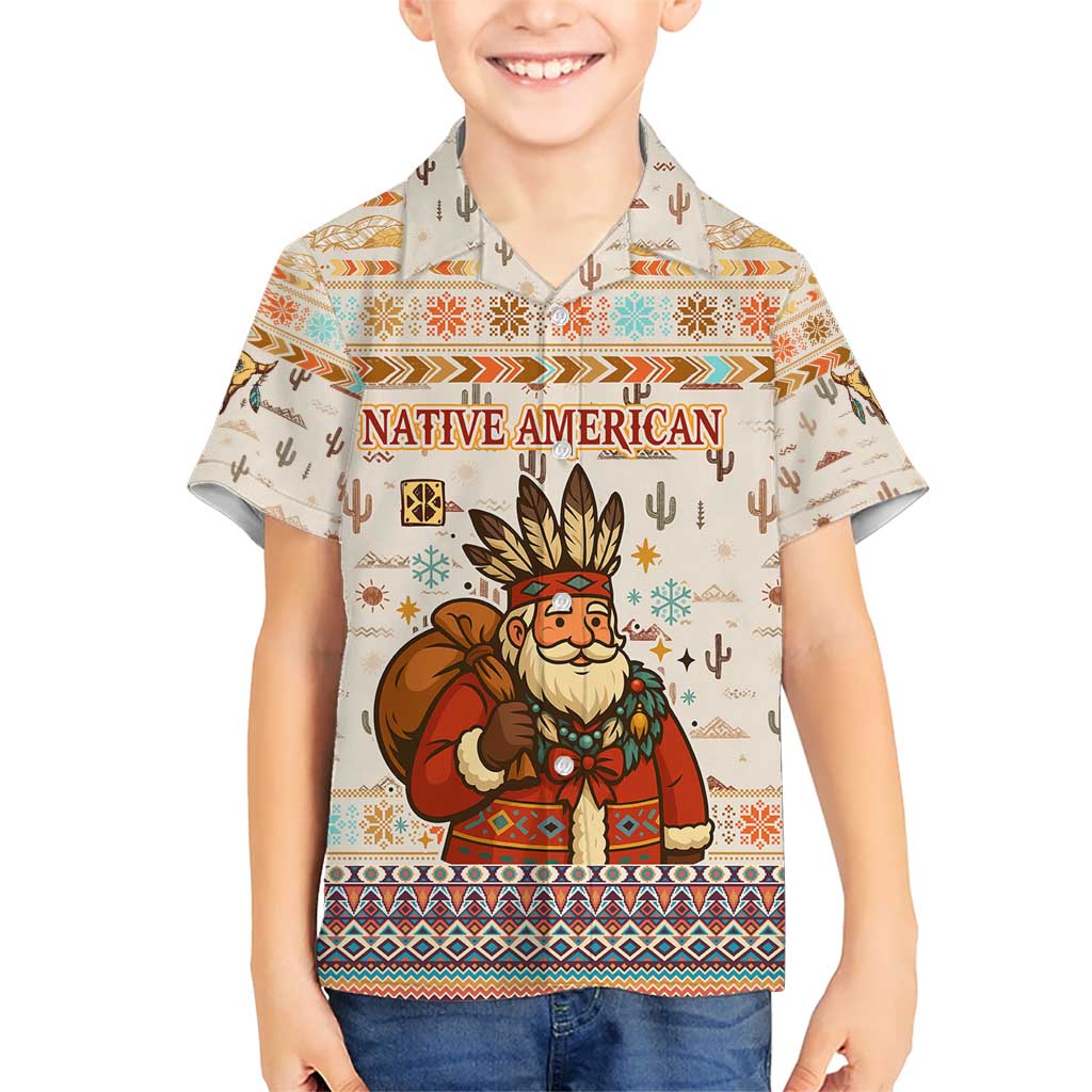 Native American Christmas Hawaiian Shirt with Beige Tribal Pattern Santa Claus and Dreamcatcher Motif - Wonder Print Shop