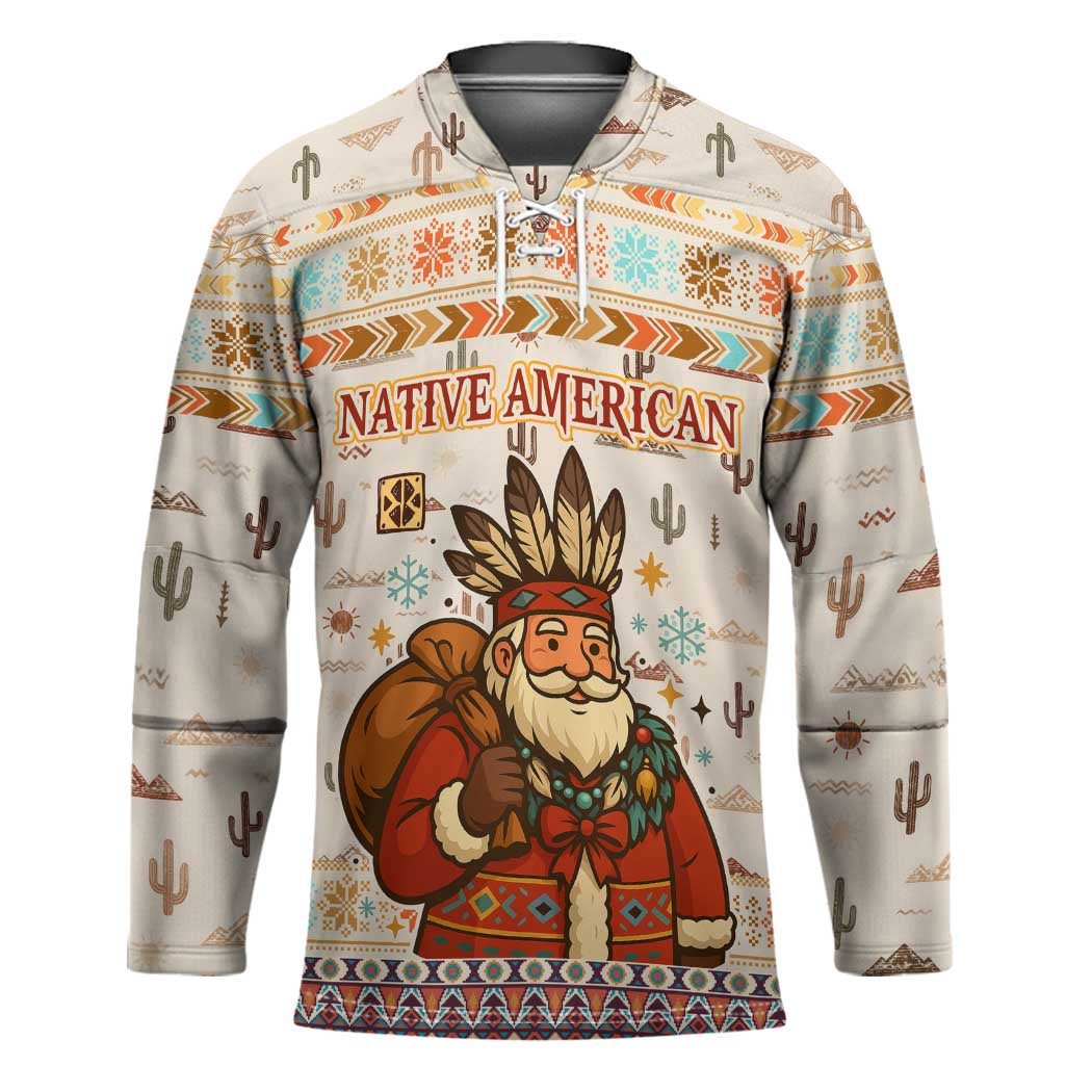 Native American Christmas Hockey Jersey with Beige Tribal Pattern Santa Claus and Dreamcatcher Motif - Wonder Print Shop