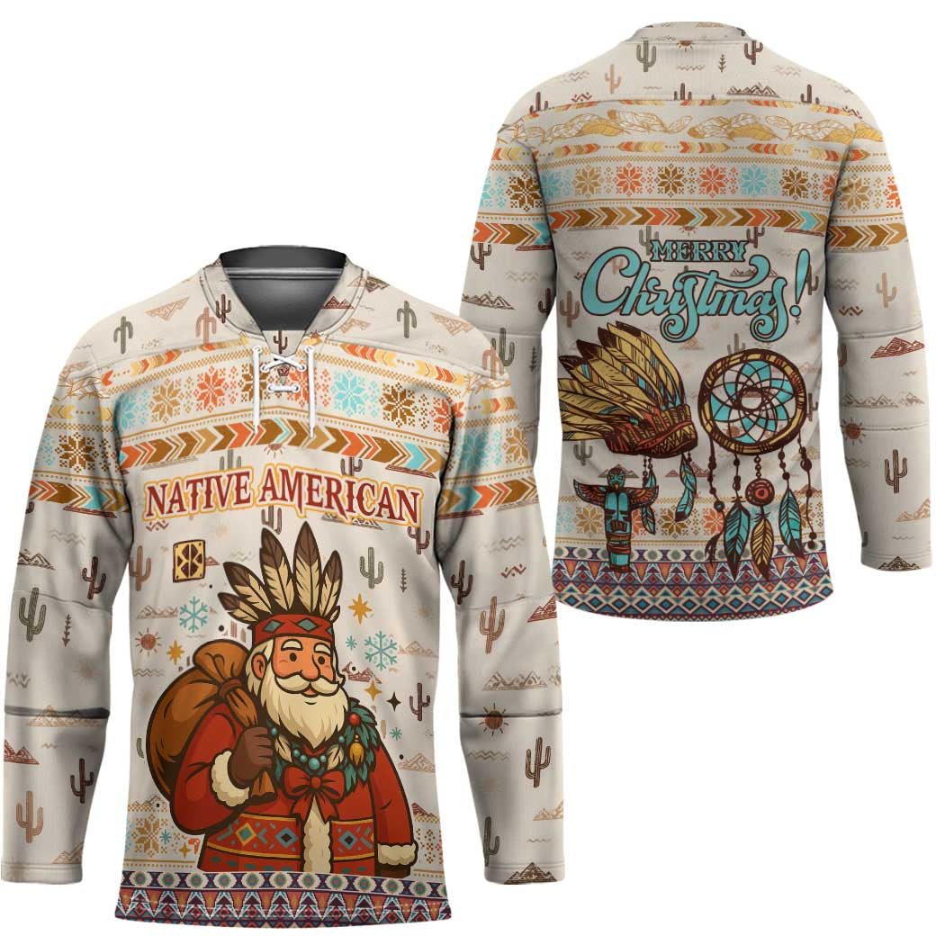Native American Christmas Hockey Jersey with Beige Tribal Pattern Santa Claus and Dreamcatcher Motif - Wonder Print Shop