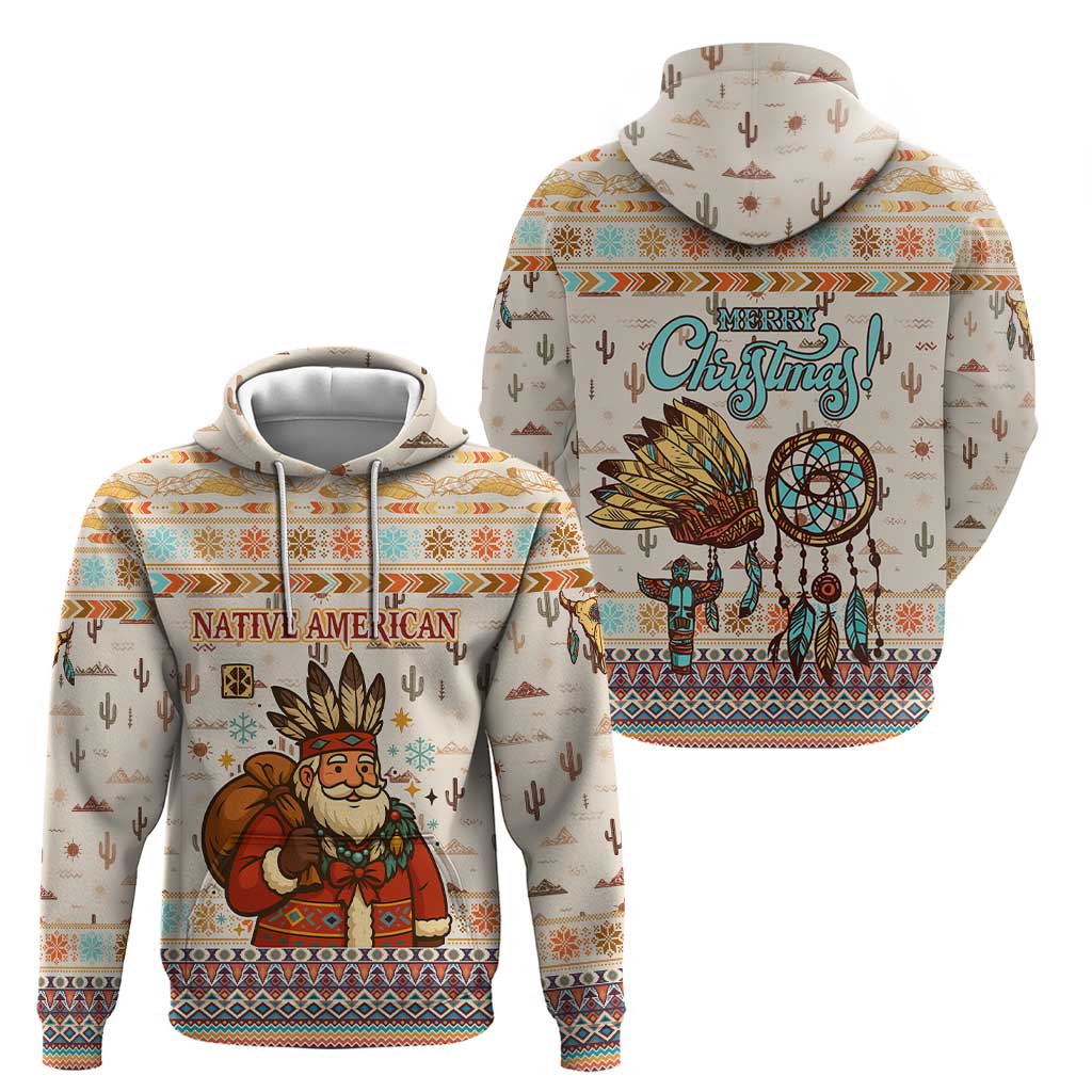 Native American Christmas Hoodie with Beige Tribal Pattern Santa Claus and Dreamcatcher Motif - Wonder Print Shop