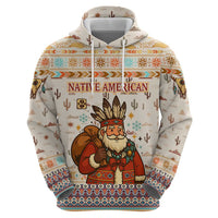 Native American Christmas Hoodie with Beige Tribal Pattern Santa Claus and Dreamcatcher Motif - Wonder Print Shop