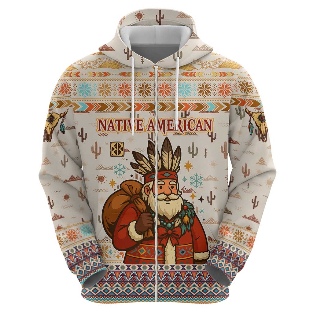Native American Christmas Hoodie with Beige Tribal Pattern Santa Claus and Dreamcatcher Motif - Wonder Print Shop