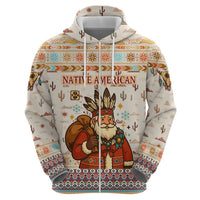 Native American Christmas Hoodie with Beige Tribal Pattern Santa Claus and Dreamcatcher Motif - Wonder Print Shop