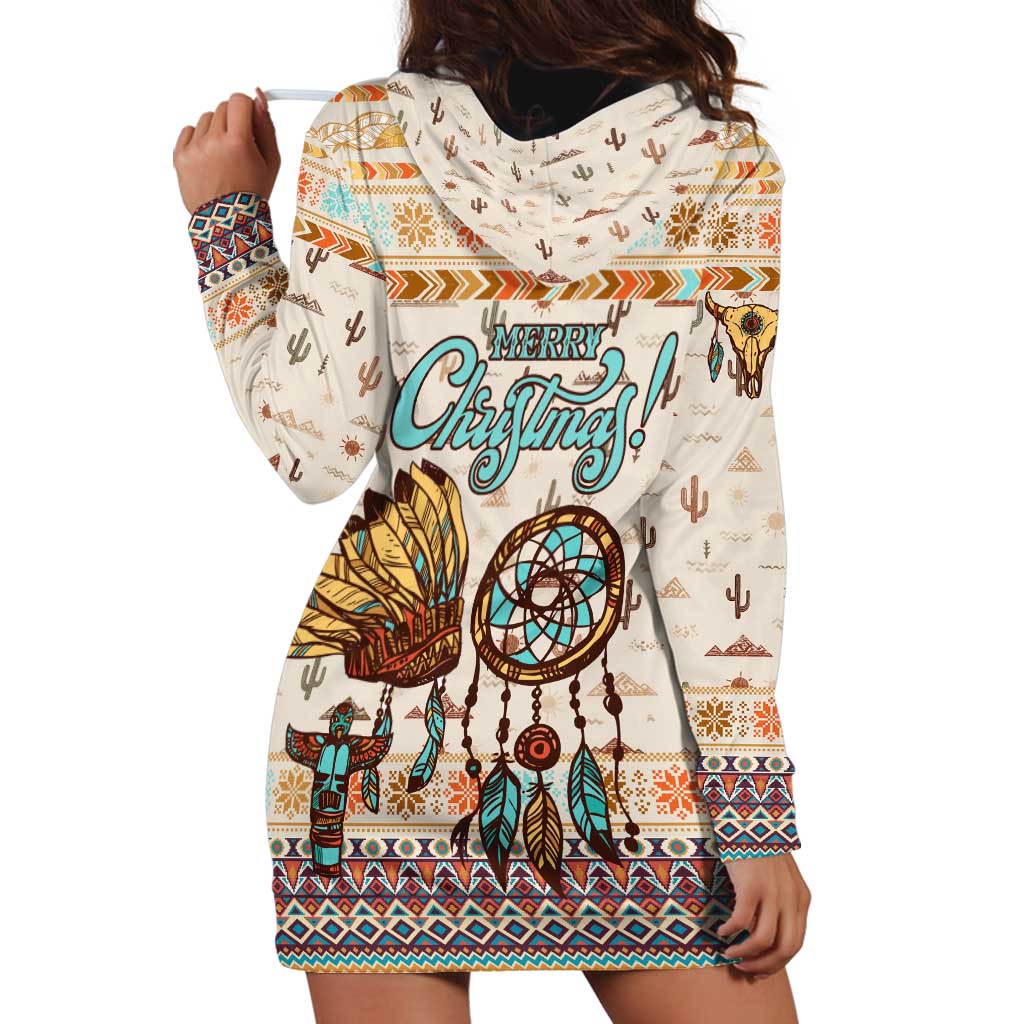 Native American Christmas Hoodie Dress with Beige Tribal Pattern Santa Claus and Dreamcatcher Motif - Wonder Print Shop