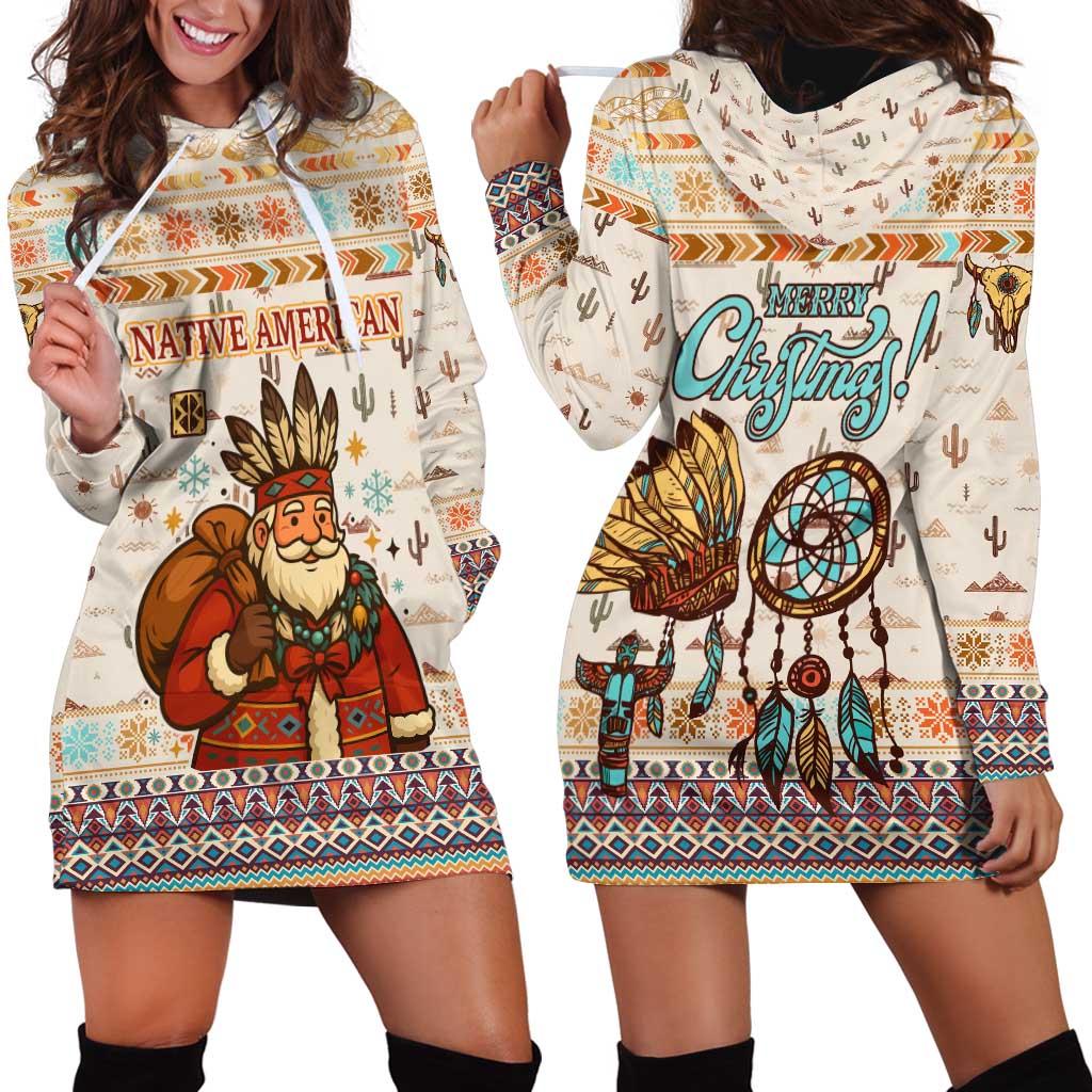 Native American Christmas Hoodie Dress with Beige Tribal Pattern Santa Claus and Dreamcatcher Motif - Wonder Print Shop
