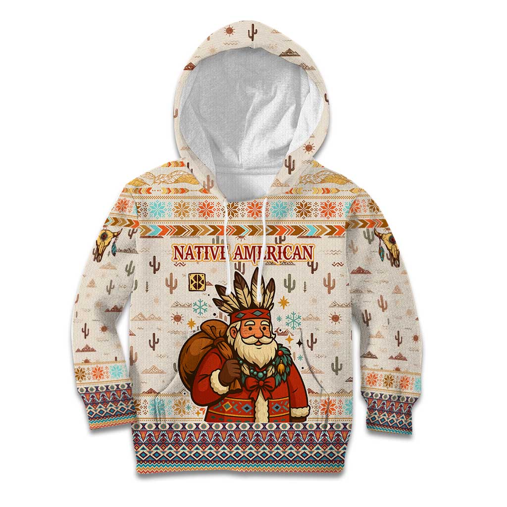 Native American Christmas Kid Hoodie with Beige Tribal Pattern Santa Claus and Dreamcatcher Motif - Wonder Print Shop