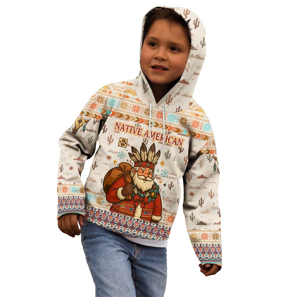 Native American Christmas Kid Hoodie with Beige Tribal Pattern Santa Claus and Dreamcatcher Motif - Wonder Print Shop