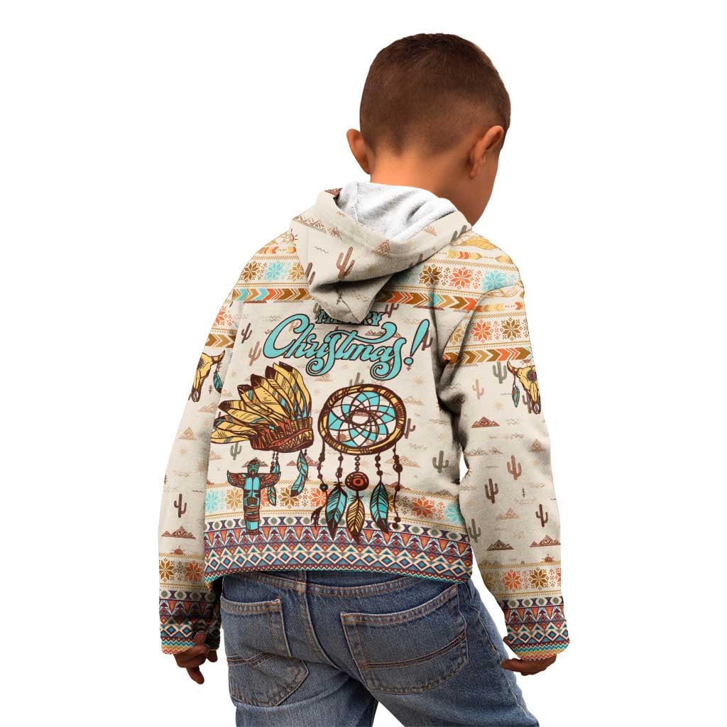Native American Christmas Kid Hoodie with Beige Tribal Pattern Santa Claus and Dreamcatcher Motif - Wonder Print Shop