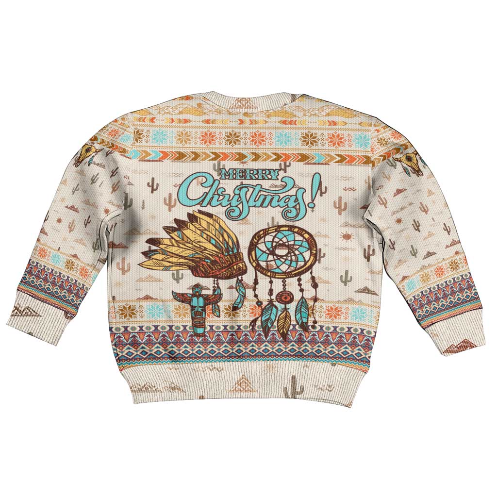 Native American Christmas Kid Ugly Christmas Sweater with Beige Tribal Pattern Santa Claus and Dreamcatcher Motif - Wonder Print Shop