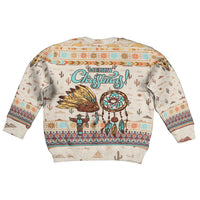 Native American Christmas Kid Ugly Christmas Sweater with Beige Tribal Pattern Santa Claus and Dreamcatcher Motif - Wonder Print Shop