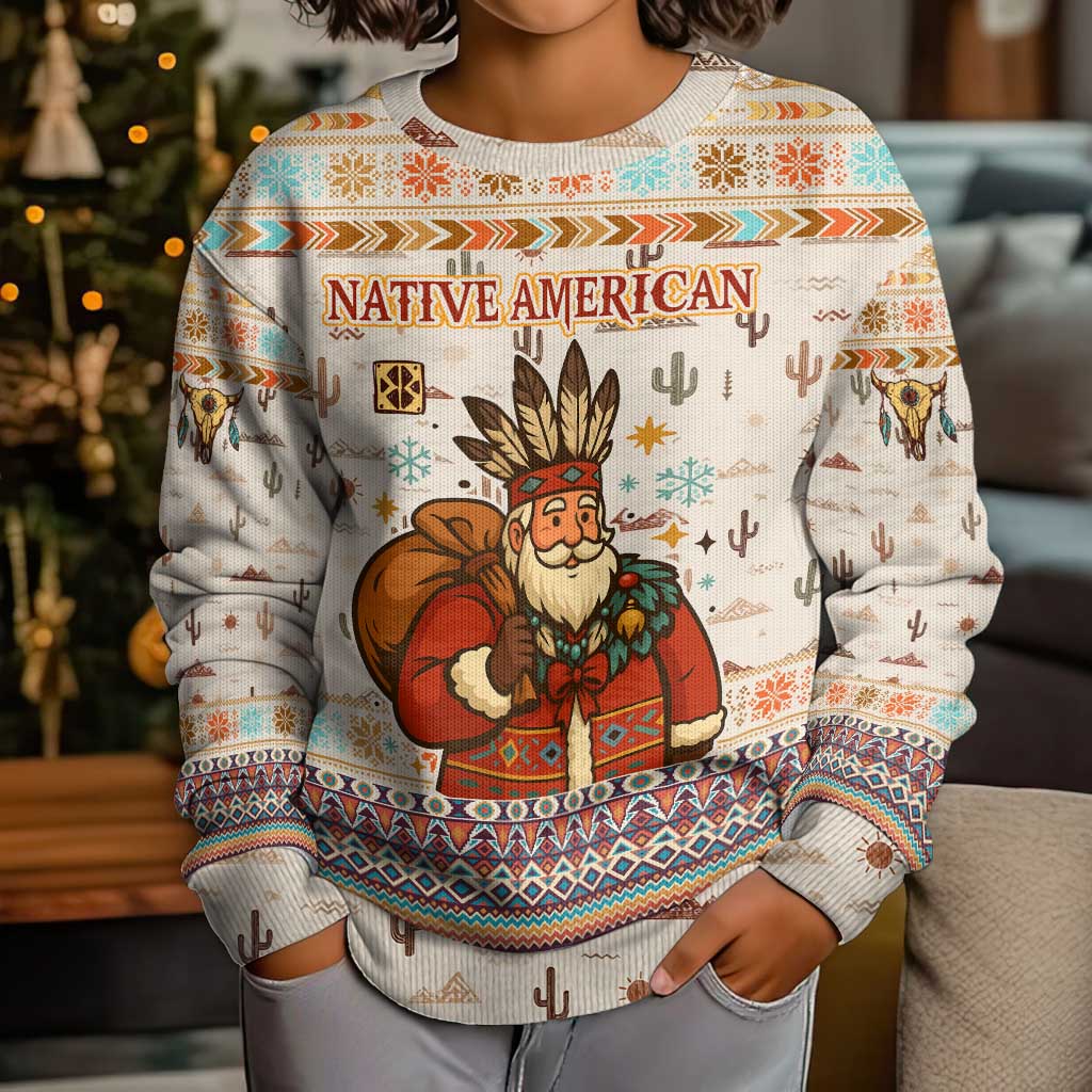 Native American Christmas Kid Ugly Christmas Sweater with Beige Tribal Pattern Santa Claus and Dreamcatcher Motif - Wonder Print Shop