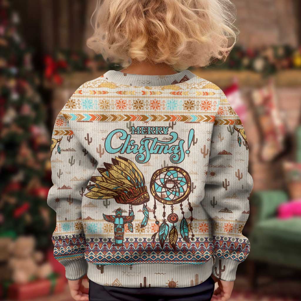 Native American Christmas Kid Ugly Christmas Sweater with Beige Tribal Pattern Santa Claus and Dreamcatcher Motif - Wonder Print Shop