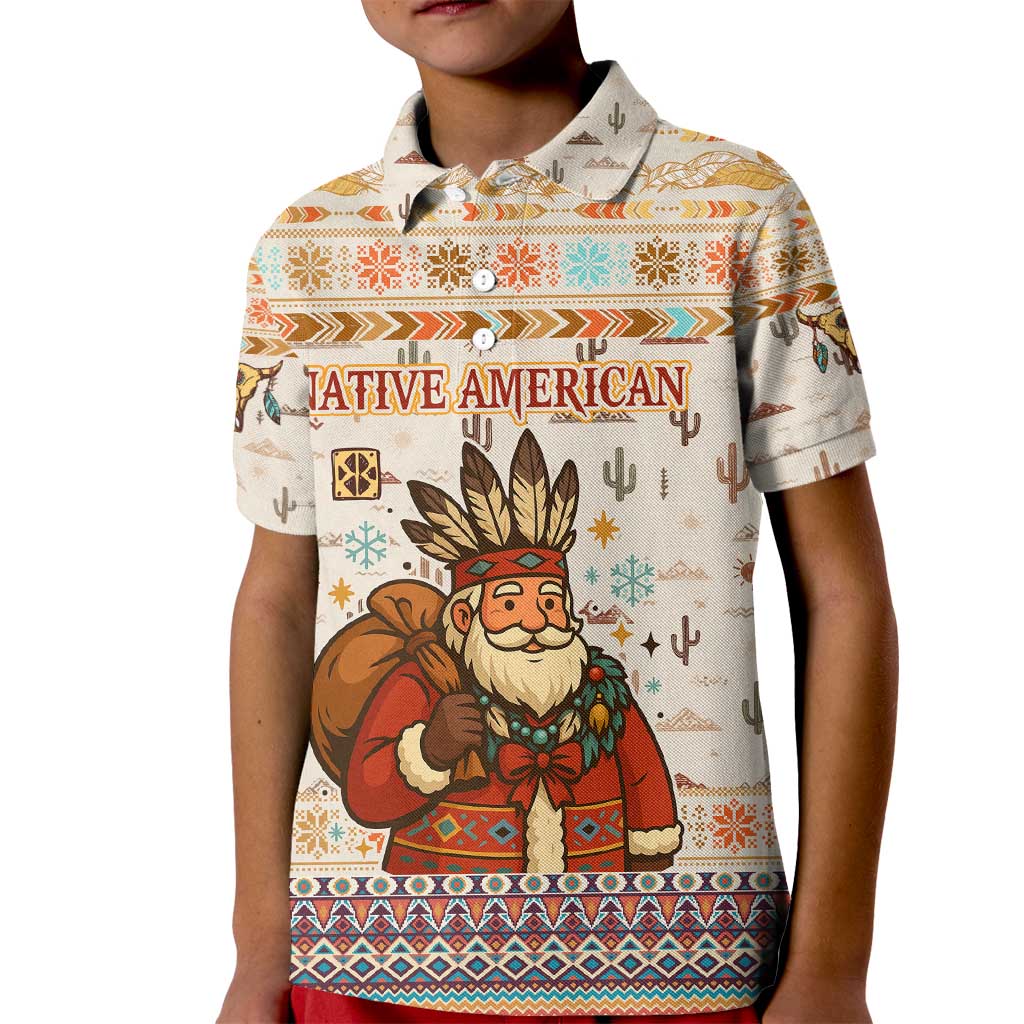 Native American Christmas Kid Polo Shirt with Beige Tribal Pattern Santa Claus and Dreamcatcher Motif - Wonder Print Shop