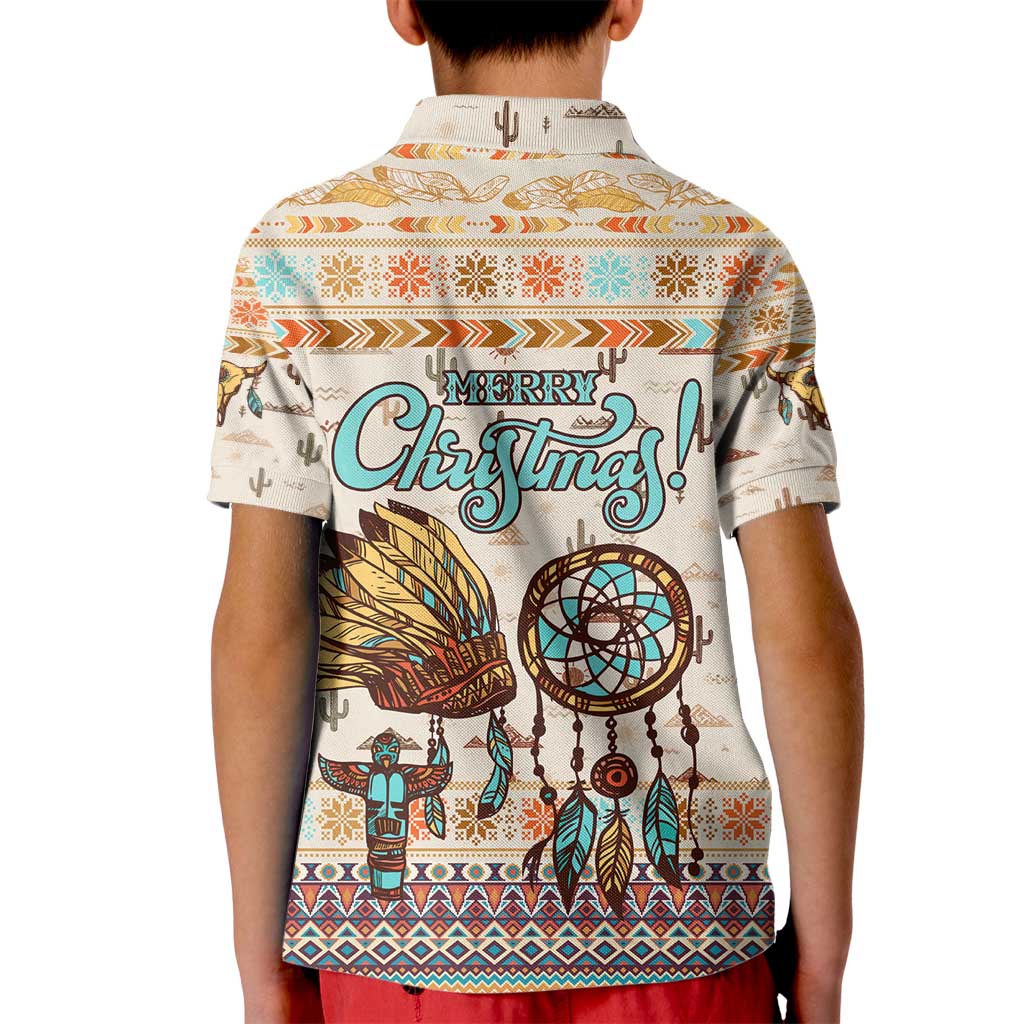 Native American Christmas Kid Polo Shirt with Beige Tribal Pattern Santa Claus and Dreamcatcher Motif - Wonder Print Shop