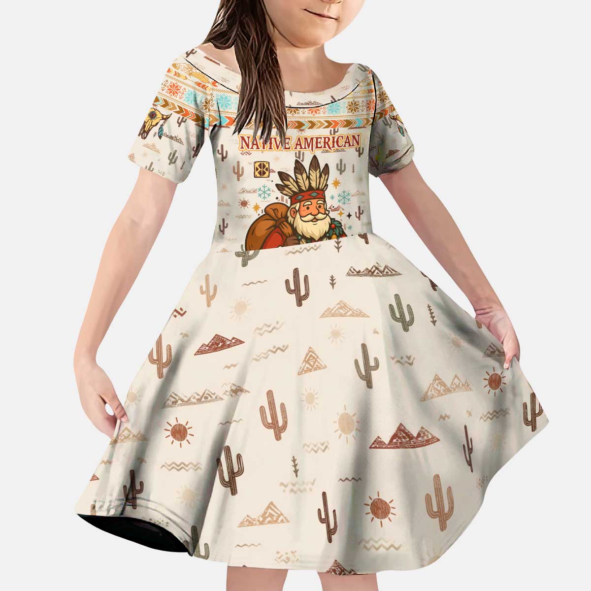Native American Christmas Kid Short Sleeve Dress with Beige Tribal Pattern Santa Claus and Dreamcatcher Motif - Wonder Print Shop