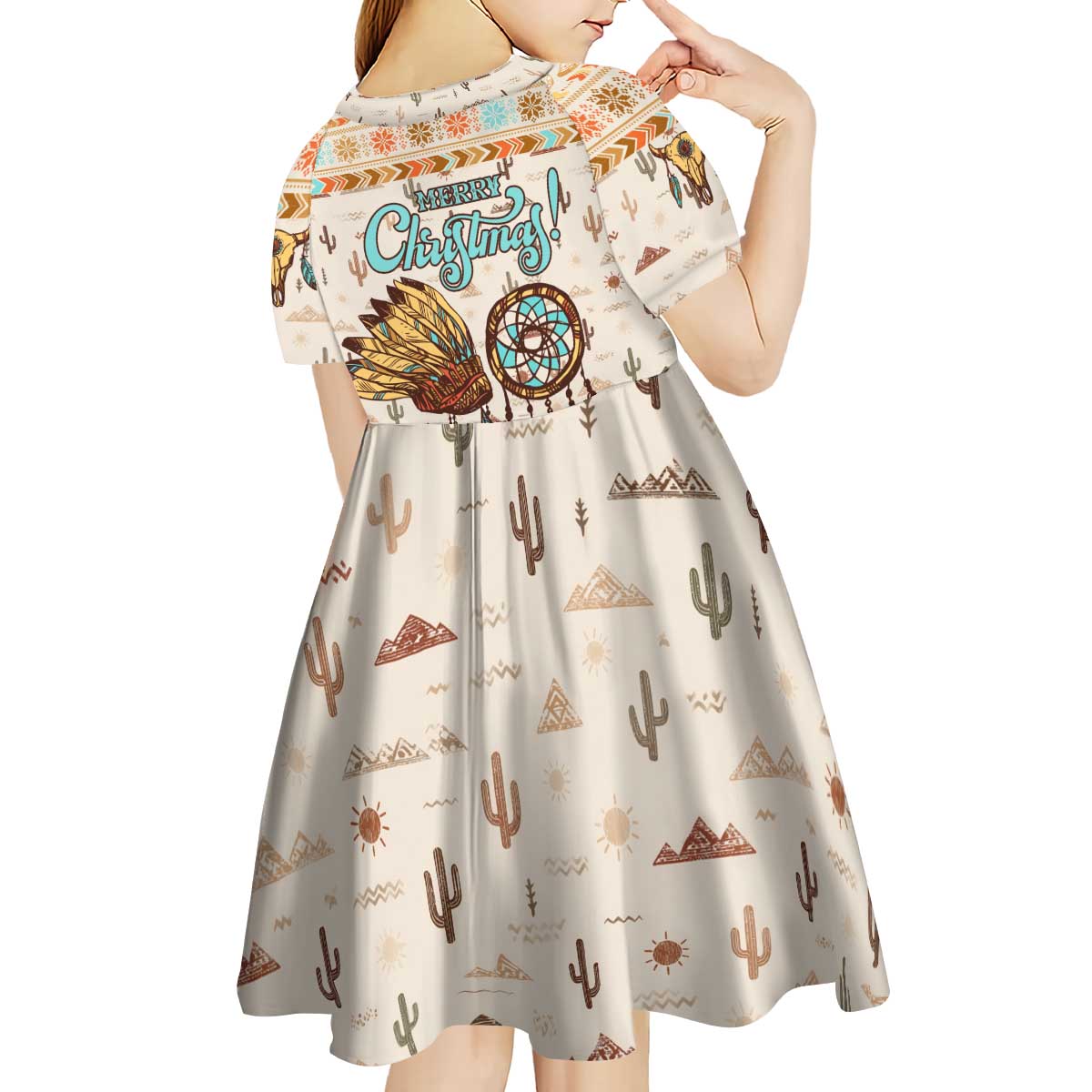 Native American Christmas Kid Short Sleeve Dress with Beige Tribal Pattern Santa Claus and Dreamcatcher Motif - Wonder Print Shop
