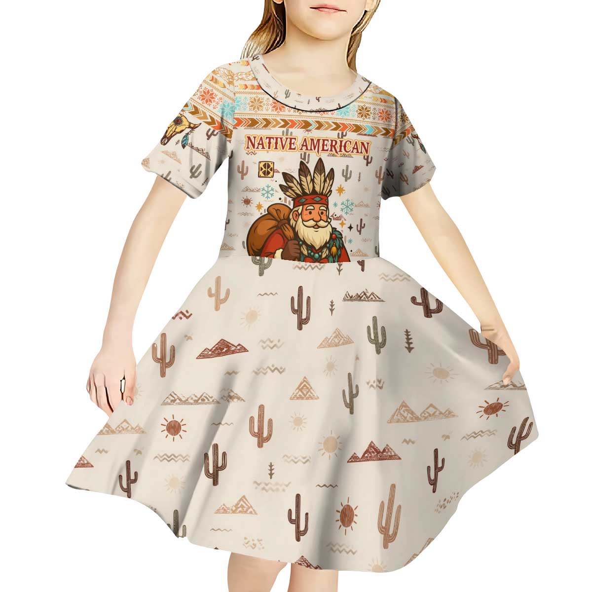 Native American Christmas Kid Short Sleeve Dress with Beige Tribal Pattern Santa Claus and Dreamcatcher Motif - Wonder Print Shop