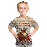 Native American Christmas Kid T Shirt with Beige Tribal Pattern Santa Claus and Dreamcatcher Motif - Wonder Print Shop