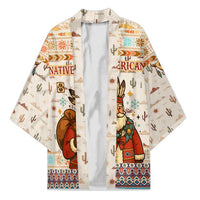 Native American Christmas Kimono with Beige Tribal Pattern Santa Claus and Dreamcatcher Motif - Wonder Print Shop