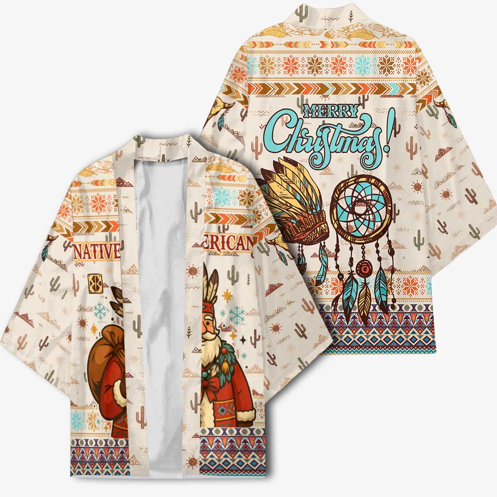 Native American Christmas Kimono with Beige Tribal Pattern Santa Claus and Dreamcatcher Motif - Wonder Print Shop