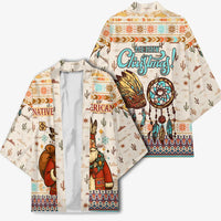 Native American Christmas Kimono with Beige Tribal Pattern Santa Claus and Dreamcatcher Motif - Wonder Print Shop