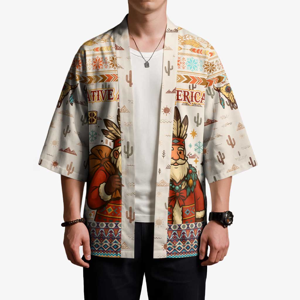 Native American Christmas Kimono with Beige Tribal Pattern Santa Claus and Dreamcatcher Motif - Wonder Print Shop