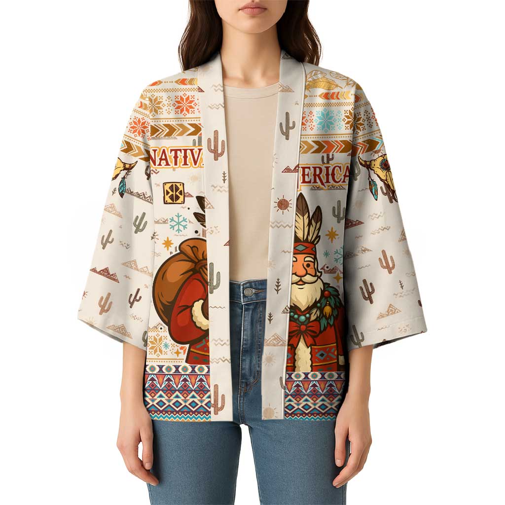 Native American Christmas Kimono with Beige Tribal Pattern Santa Claus and Dreamcatcher Motif - Wonder Print Shop