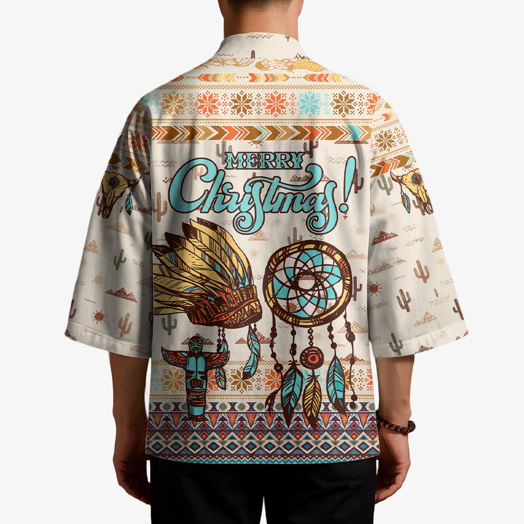 Native American Christmas Kimono with Beige Tribal Pattern Santa Claus and Dreamcatcher Motif - Wonder Print Shop