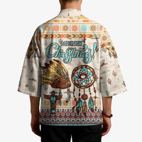 Native American Christmas Kimono with Beige Tribal Pattern Santa Claus and Dreamcatcher Motif - Wonder Print Shop