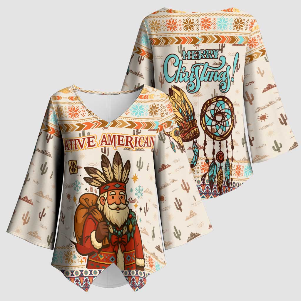 Native American Christmas Kimono Sleeve Blouse with Beige Tribal Pattern Santa Claus and Dreamcatcher Motif - Wonder Print Shop