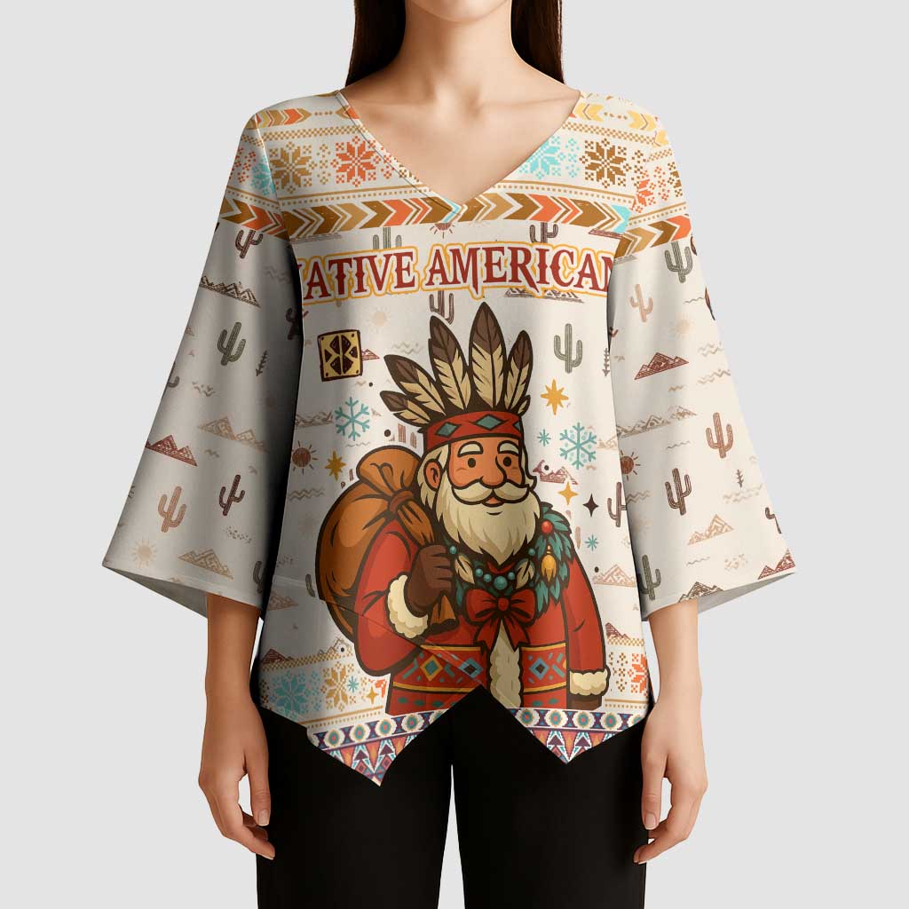 Native American Christmas Kimono Sleeve Blouse with Beige Tribal Pattern Santa Claus and Dreamcatcher Motif - Wonder Print Shop