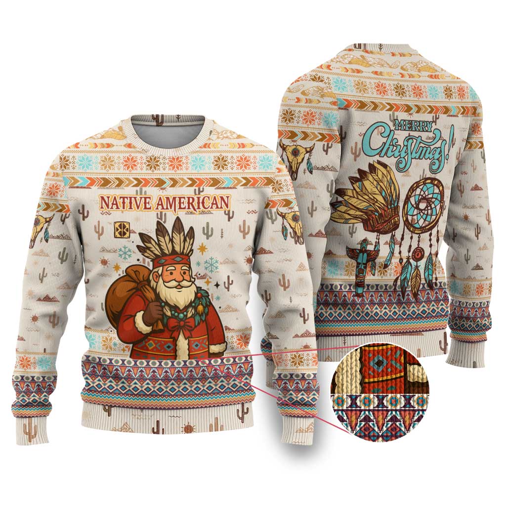 Native American Christmas Ugly Christmas Sweater with Beige Tribal Pattern Santa Claus and Dreamcatcher Motif - Wonder Print Shop