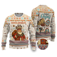 Native American Christmas Ugly Christmas Sweater with Beige Tribal Pattern Santa Claus and Dreamcatcher Motif - Wonder Print Shop
