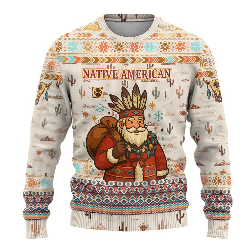Native American Christmas Ugly Christmas Sweater with Beige Tribal Pattern Santa Claus and Dreamcatcher Motif - Wonder Print Shop