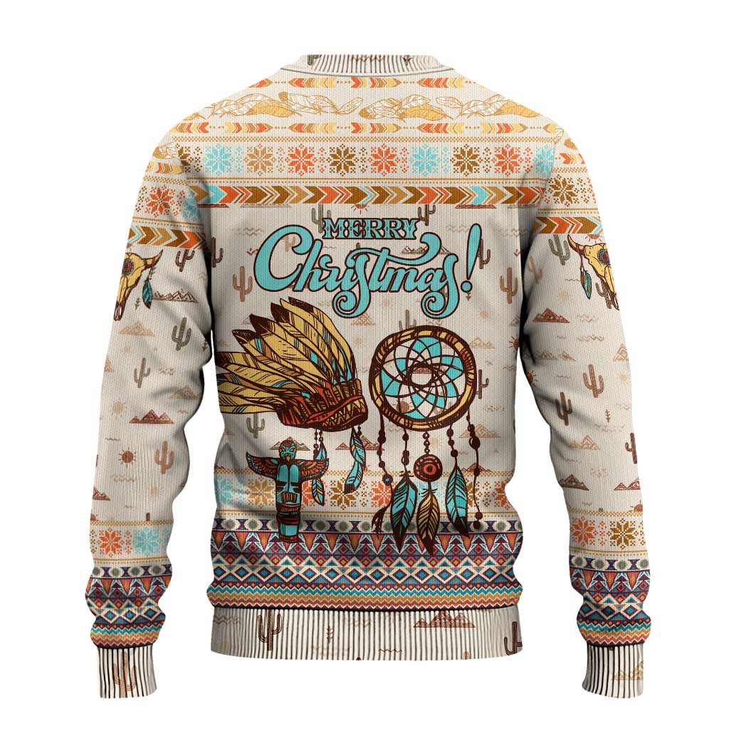 Native American Christmas Ugly Christmas Sweater with Beige Tribal Pattern Santa Claus and Dreamcatcher Motif - Wonder Print Shop