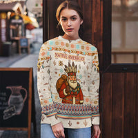 Native American Christmas Ugly Christmas Sweater with Beige Tribal Pattern Santa Claus and Dreamcatcher Motif - Wonder Print Shop