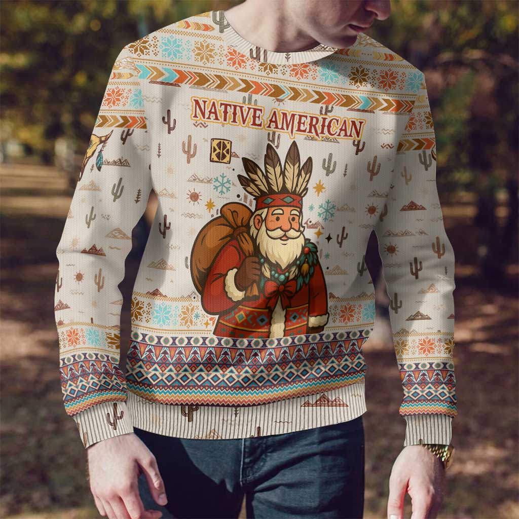 Native American Christmas Ugly Christmas Sweater with Beige Tribal Pattern Santa Claus and Dreamcatcher Motif - Wonder Print Shop