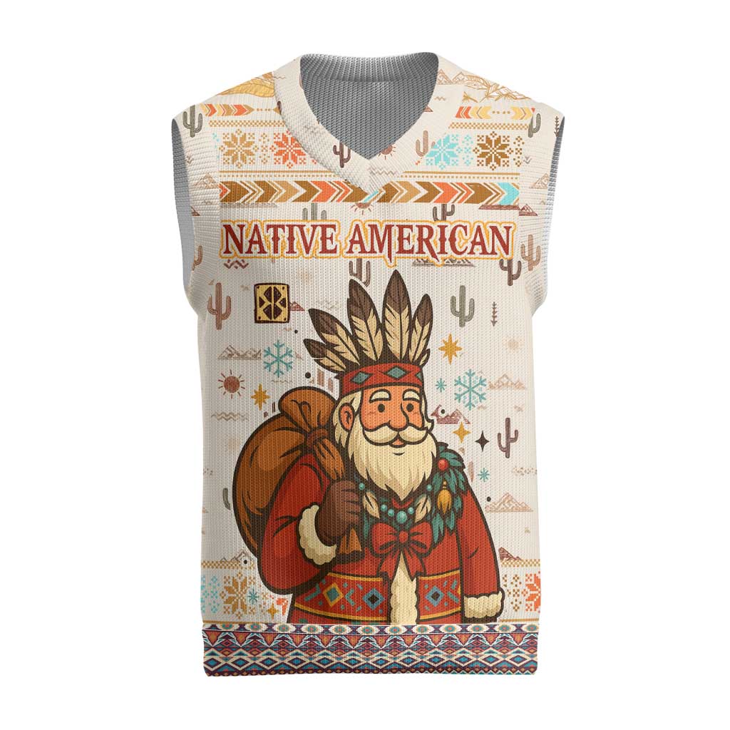 Native American Christmas Knitted V-Neck Vest with Beige Tribal Pattern Santa Claus and Dreamcatcher Motif - Wonder Print Shop