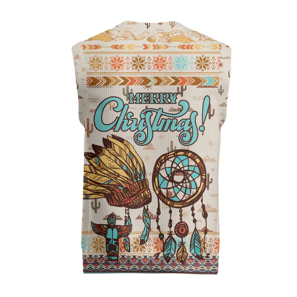 Native American Christmas Knitted V-Neck Vest with Beige Tribal Pattern Santa Claus and Dreamcatcher Motif - Wonder Print Shop