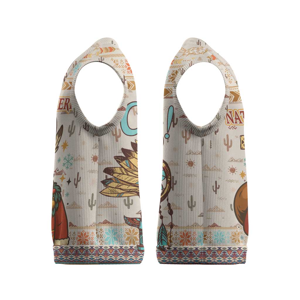 Native American Christmas Knitted V-Neck Vest with Beige Tribal Pattern Santa Claus and Dreamcatcher Motif - Wonder Print Shop
