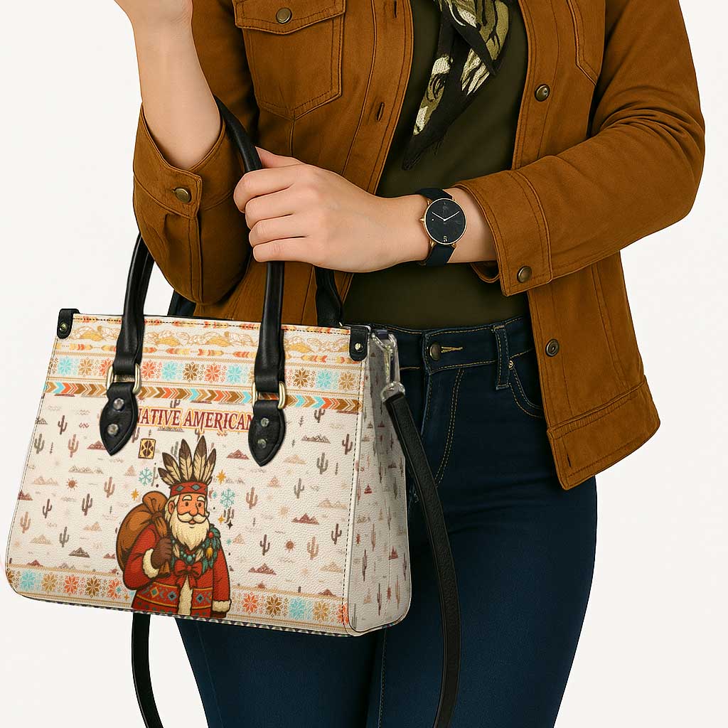 Native American Christmas Leather Bag with Beige Tribal Pattern Santa Claus and Dreamcatcher Motif - Wonder Print Shop