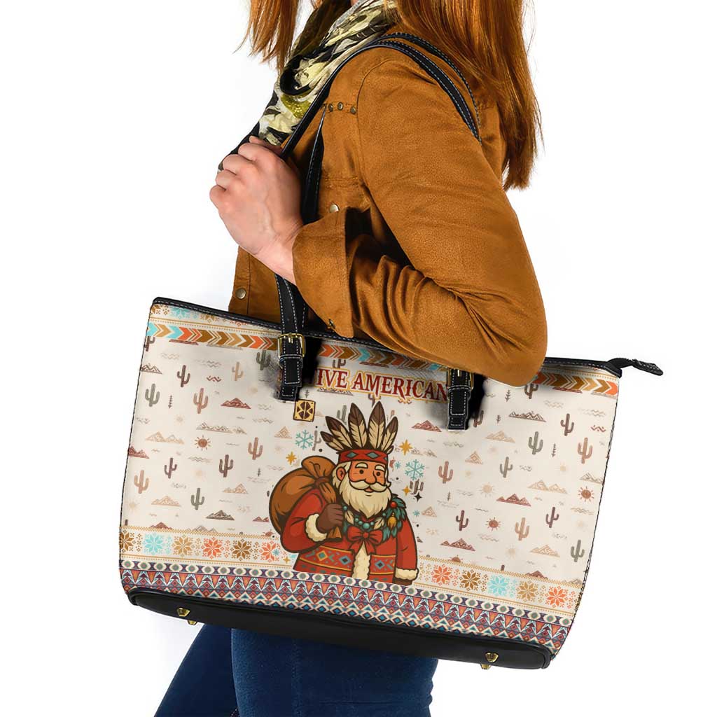 Native American Christmas Leather Tote Bag with Beige Tribal Pattern Santa Claus and Dreamcatcher Motif - Wonder Print Shop