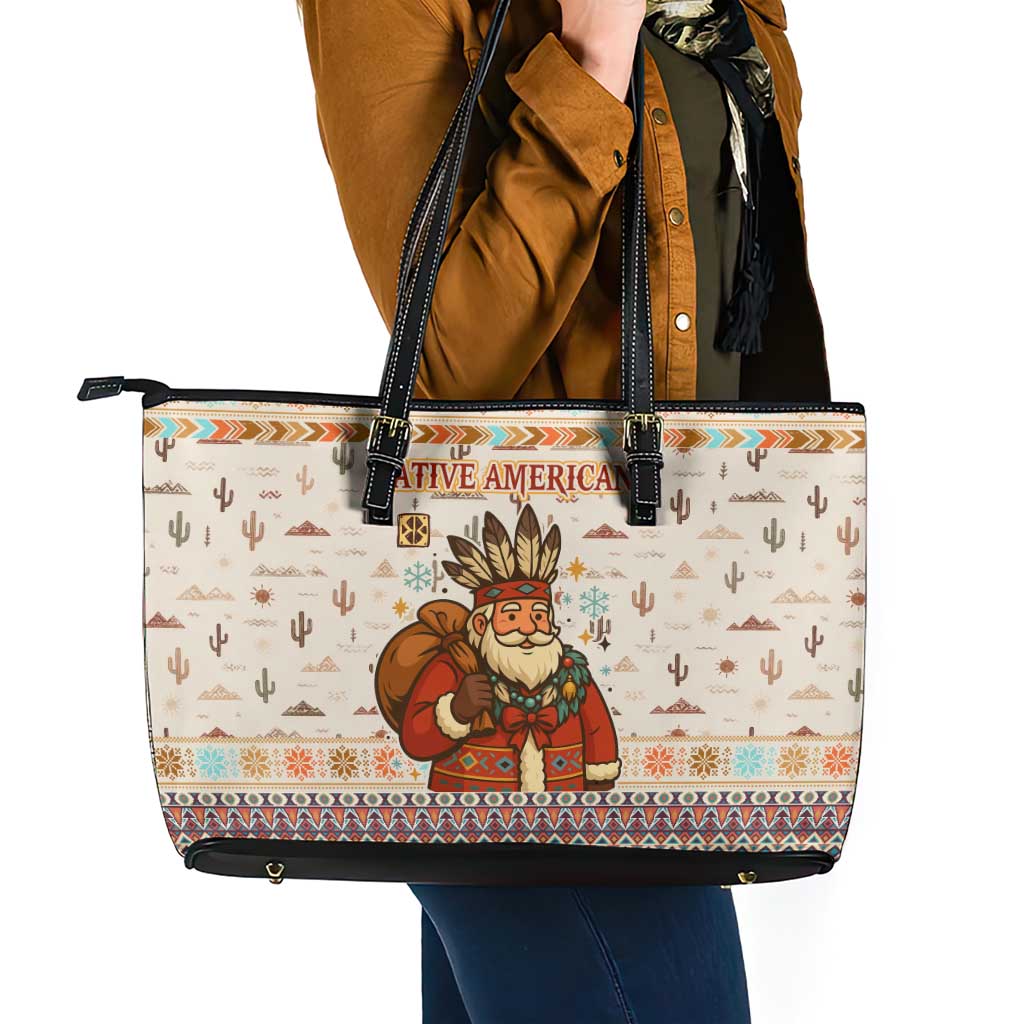 Native American Christmas Leather Tote Bag with Beige Tribal Pattern Santa Claus and Dreamcatcher Motif - Wonder Print Shop
