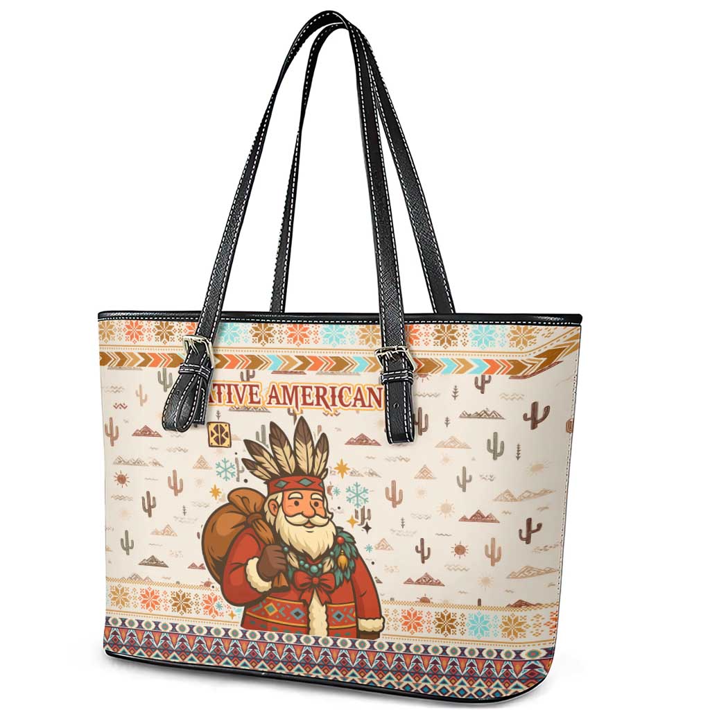 Native American Christmas Leather Tote Bag with Beige Tribal Pattern Santa Claus and Dreamcatcher Motif - Wonder Print Shop