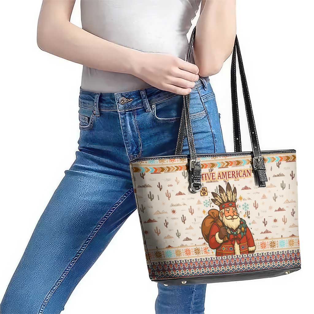 Native American Christmas Leather Tote Bag with Beige Tribal Pattern Santa Claus and Dreamcatcher Motif - Wonder Print Shop