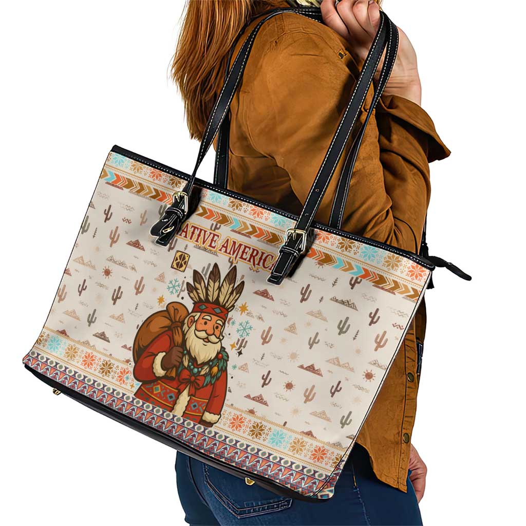 Native American Christmas Leather Tote Bag with Beige Tribal Pattern Santa Claus and Dreamcatcher Motif - Wonder Print Shop