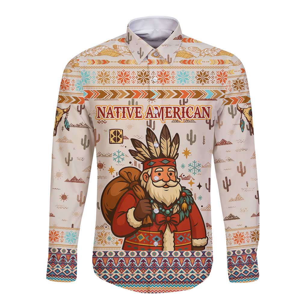 Native American Christmas Long Sleeve Button Shirt with Beige Tribal Pattern Santa Claus and Dreamcatcher Motif - Wonder Print Shop