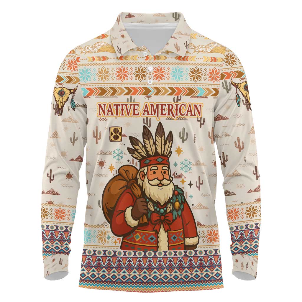 Native American Christmas Long Sleeve Polo Shirt with Beige Tribal Pattern Santa Claus and Dreamcatcher Motif - Wonder Print Shop