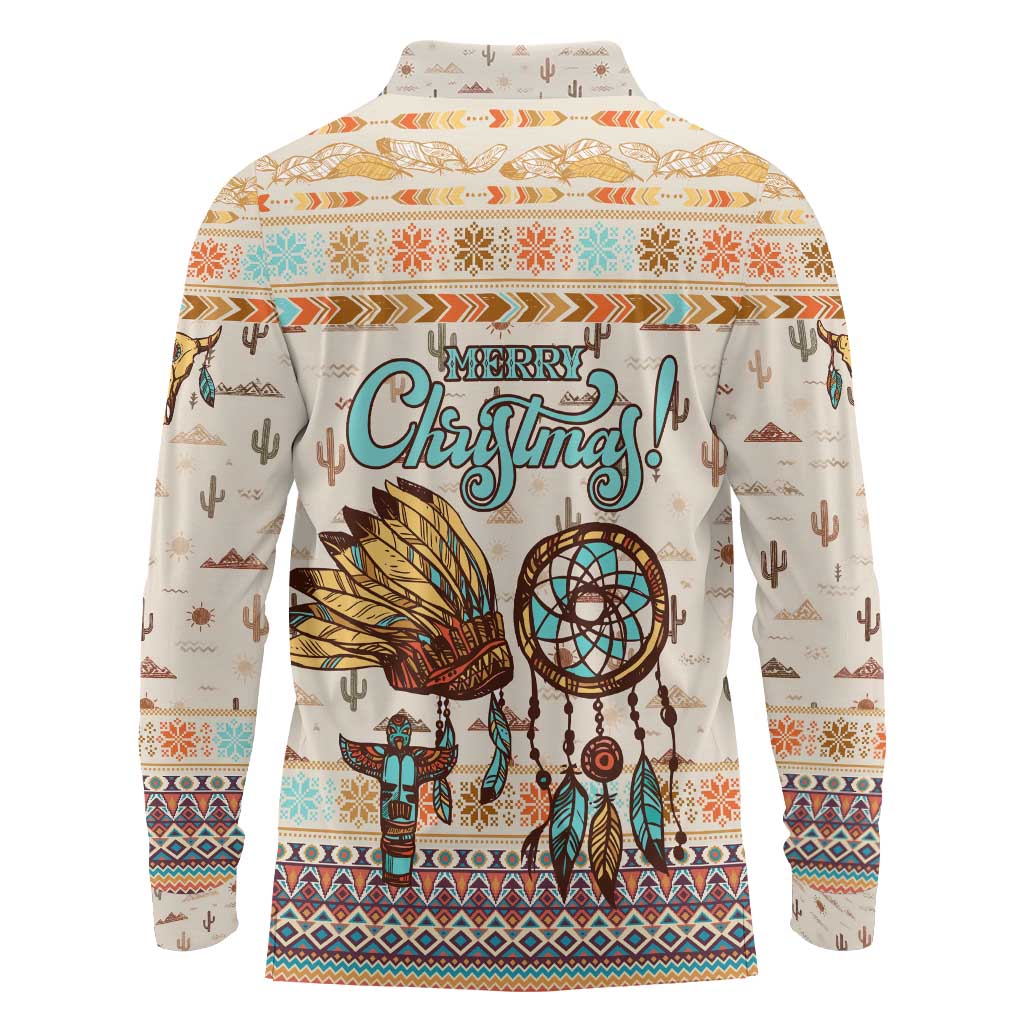 Native American Christmas Long Sleeve Polo Shirt with Beige Tribal Pattern Santa Claus and Dreamcatcher Motif - Wonder Print Shop