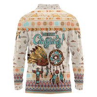 Native American Christmas Long Sleeve Polo Shirt with Beige Tribal Pattern Santa Claus and Dreamcatcher Motif - Wonder Print Shop
